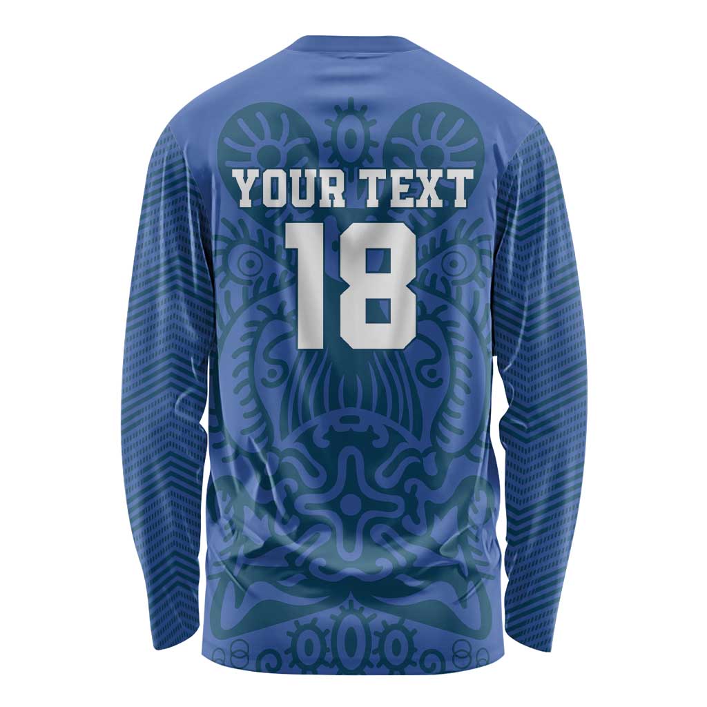 Blue long-sleeve football shirt with Sami pattern, Your Text, and back number 18