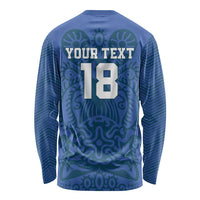 Blue long-sleeve football shirt with Sami pattern, Your Text, and back number 18