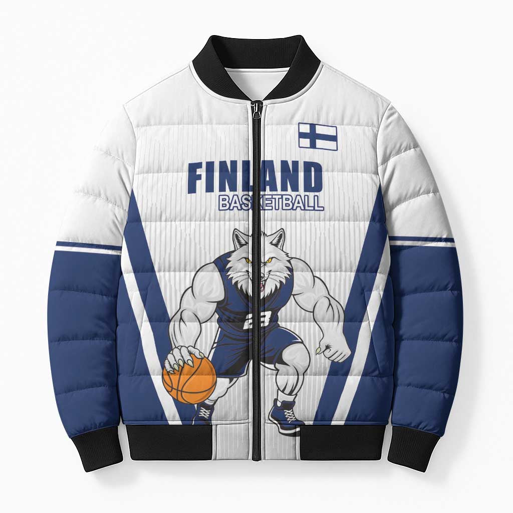 Finland Basketball Custom Bomber Puffer Jacket Wolf Mascot Dynamic Style - Wonder Print Shop