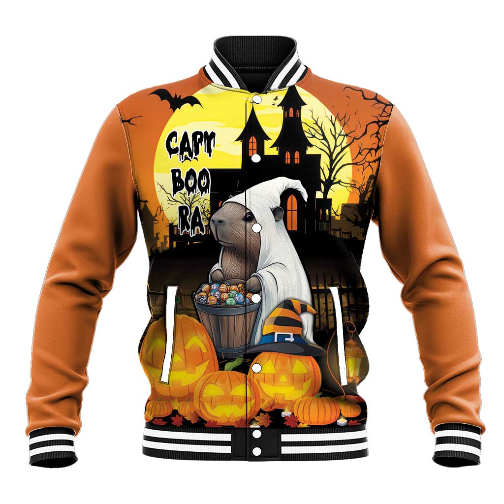Orange unisex Halloween baseball jacket with haunted house and cartoon capybara graphic