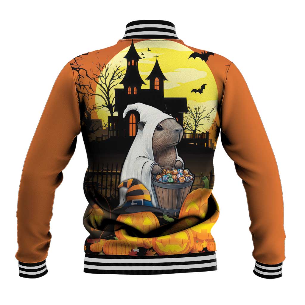 Orange unisex Halloween baseball jacket back with capybara in bucket and haunted scene