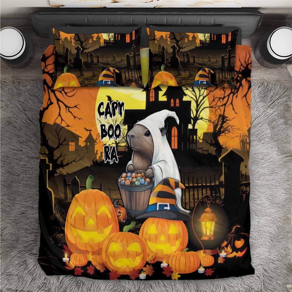 Halloween haunted house bedding set with orange, black pumpkins and ghostly white dog figure.