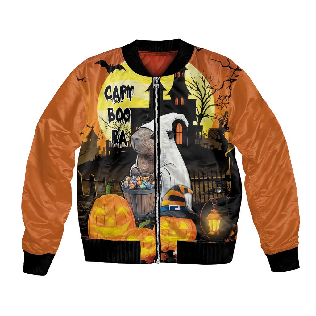 Orange Halloween bomber jacket with black ribbed trim, zip front, capybara and pumpkins print
