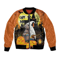 Orange Halloween bomber jacket with black ribbed trim, zip front, capybara and pumpkins print