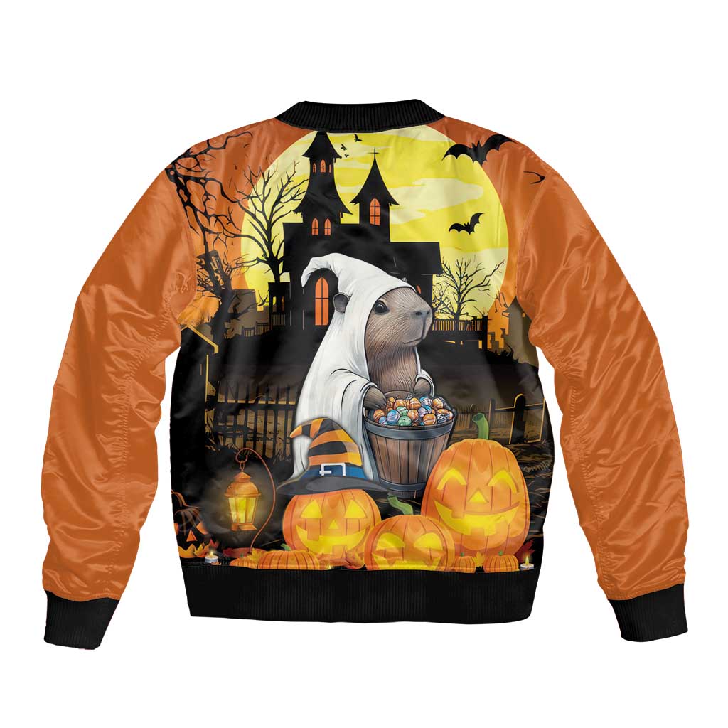 Orange Halloween bomber jacket with black ribbed trim, back print of capybara and pumpkins