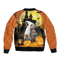 Orange Halloween bomber jacket with black ribbed trim, back print of capybara and pumpkins