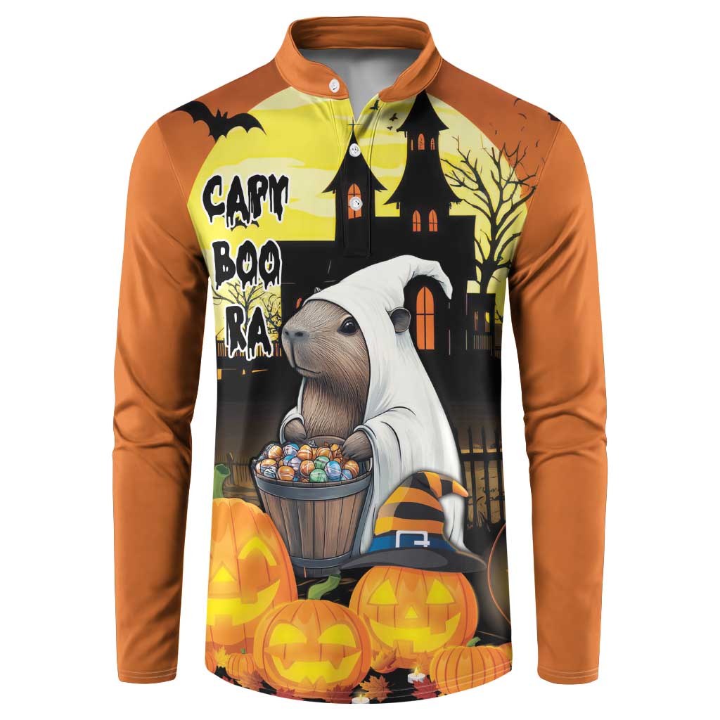 Orange Halloween button sweatshirt with haunted house, pumpkin graphic, cartoon dog with candy