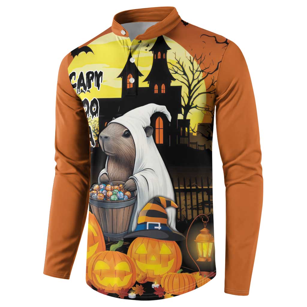 Orange Halloween button sweatshirt, side view, haunted house with pumpkins and candy-bucket dog