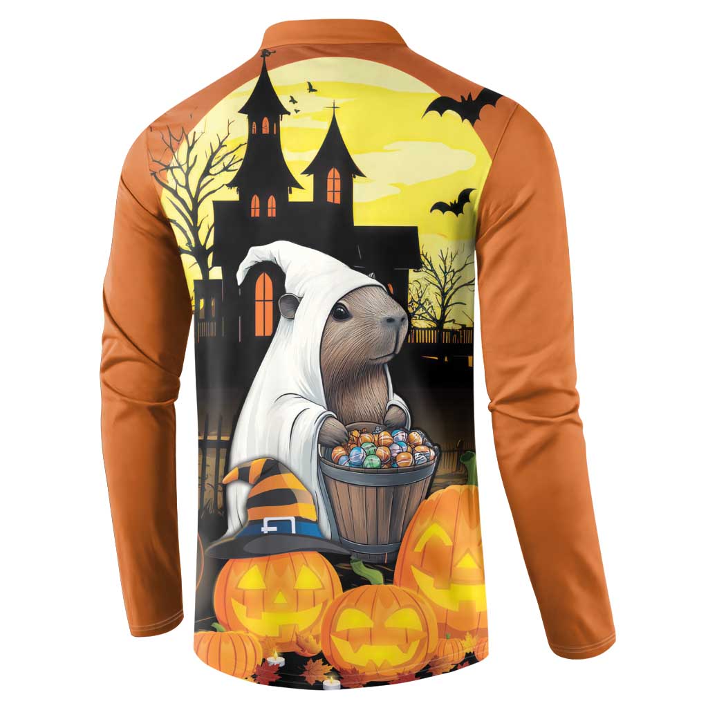 Orange Halloween button sweatshirt back graphic with haunted castle, pumpkins, and candy-bucket dog