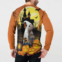 Orange Halloween button sweatshirt back on model, haunted castle, pumpkins, candy-bucket dog
