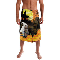 Halloween haunted house and pumpkins print swim shorts, orange yellow waistband