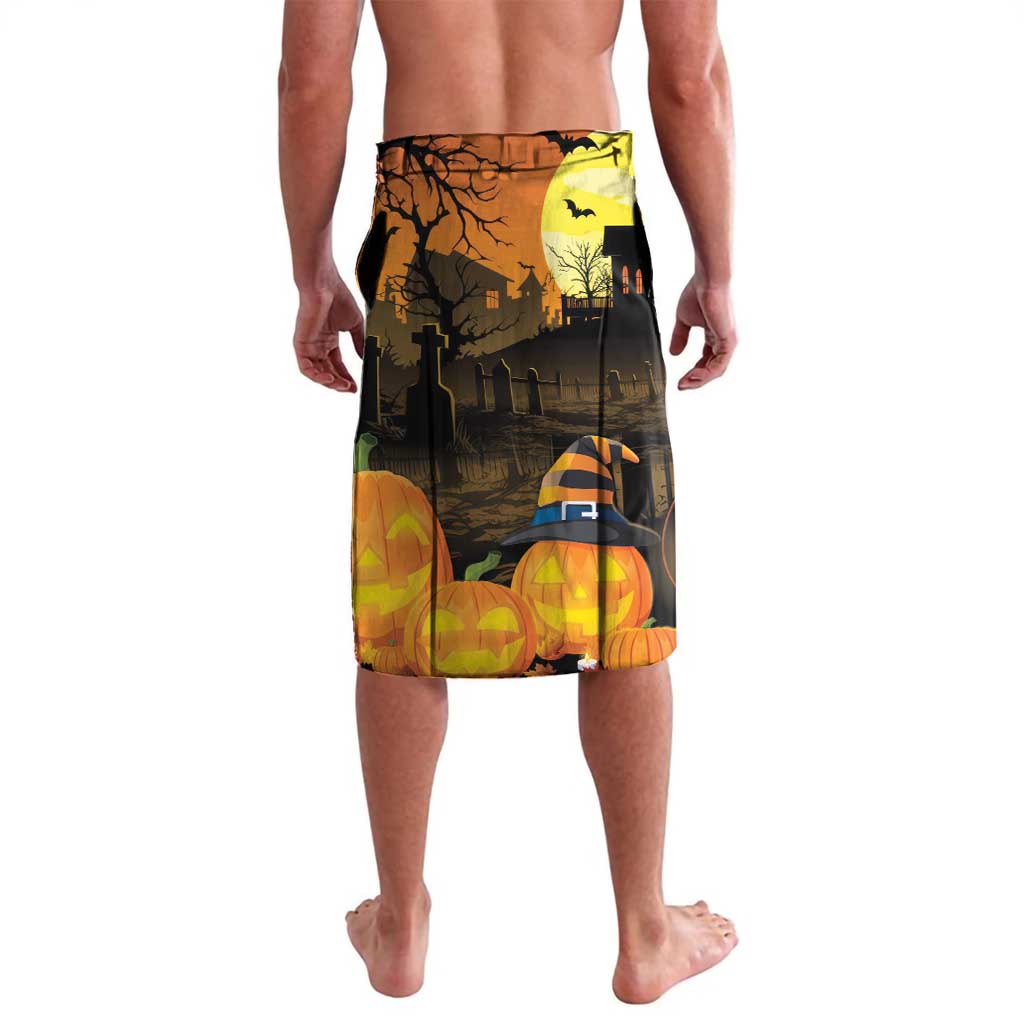 Halloween haunted cemetery house and pumpkin print swim shorts, orange and black