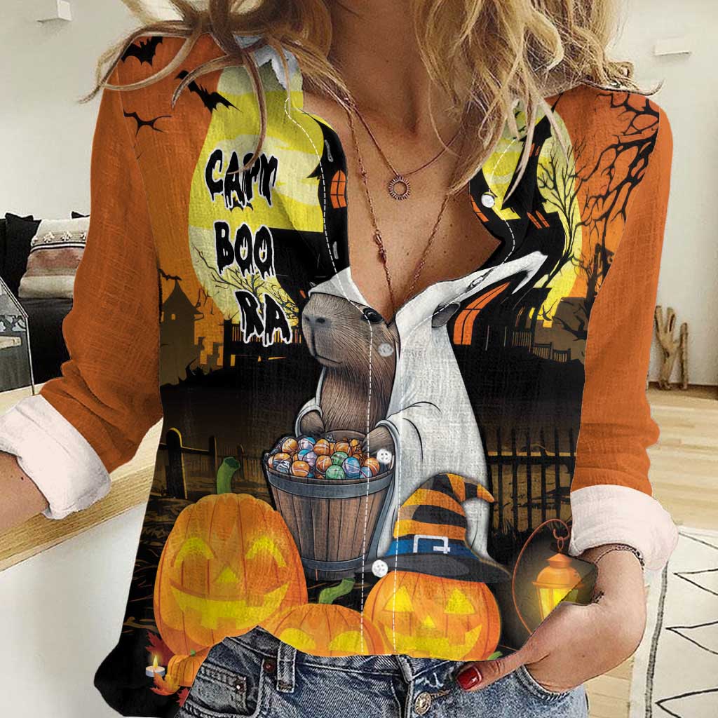 Capy-Boo-Ra Halloween Women Casual Shirt Haunted House And Pumpkin Spooky