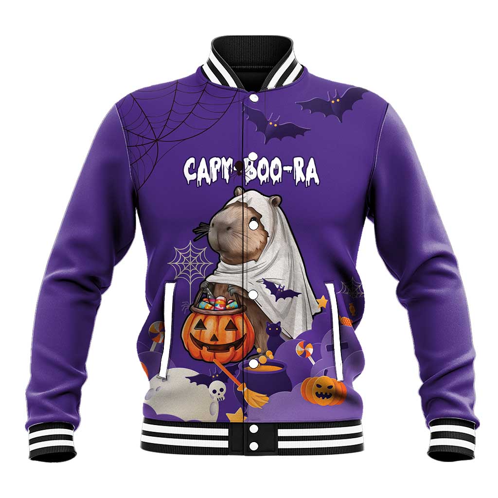 Purple baseball jacket with button front, ribbed collar, bats and pumpkin graphic