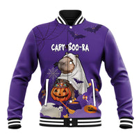 Purple baseball jacket with button front, ribbed collar, bats and pumpkin graphic