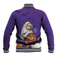Purple baseball jacket back view with capybara costume, bats, spiderwebs, pumpkins