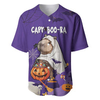 Purple Halloween baseball jersey with capybara in witch costume, bats and pumpkins