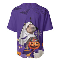 Purple Halloween baseball jersey back view with capybara, bats, pumpkins and candy