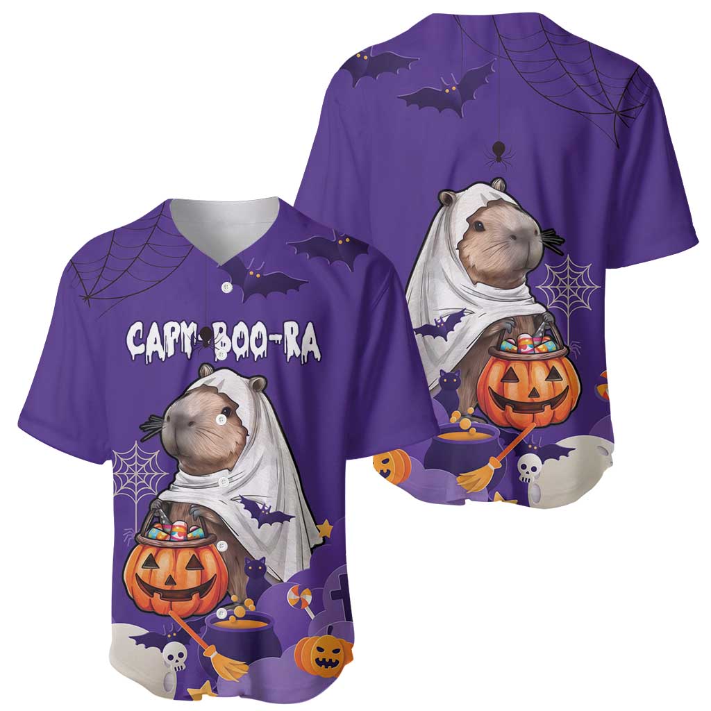 Purple Halloween baseball jersey showing front and back with capybara, bats and pumpkins