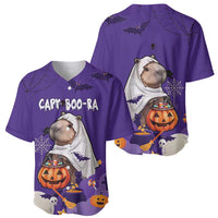 Purple Halloween baseball jersey showing front and back with capybara, bats and pumpkins