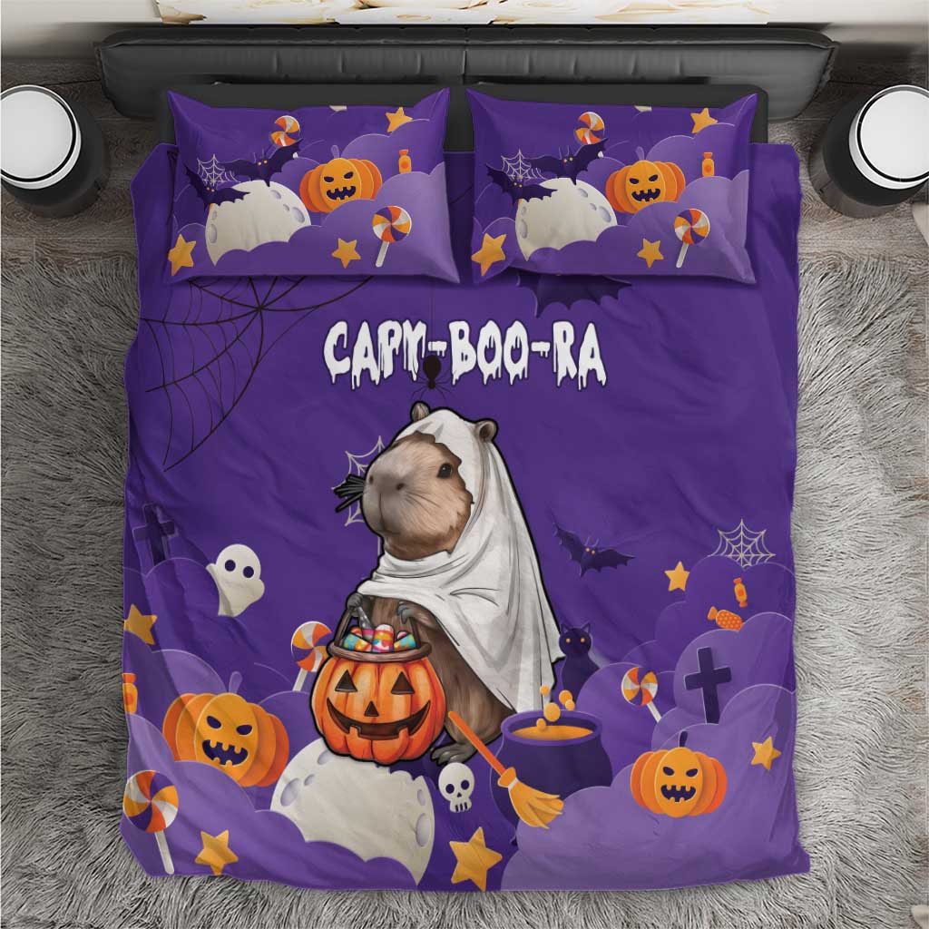 Purple Halloween bedding set with capybara in ghost costume, bats and pumpkin pattern, 2 pillows