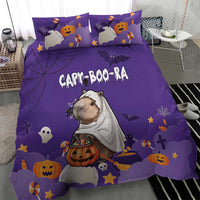 Purple Halloween bedding set with capybara ghost robe, CAPY-BOO-RA text, pumpkins and bats