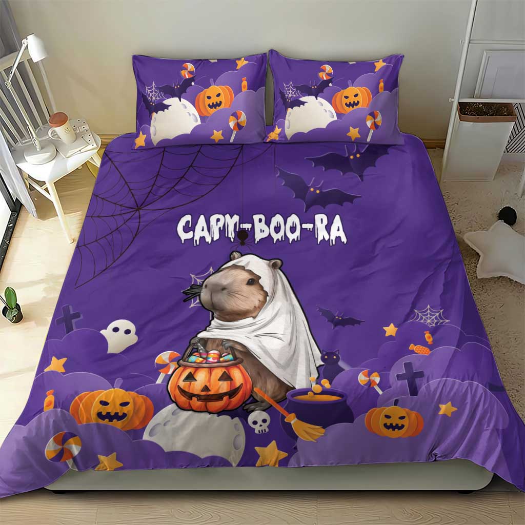 Purple Halloween bedding set with capybara ghost, jack-o'-lanterns, bats and web design