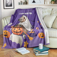 Purple Halloween blanket with capybara in ghost costume, bats, pumpkins and stars