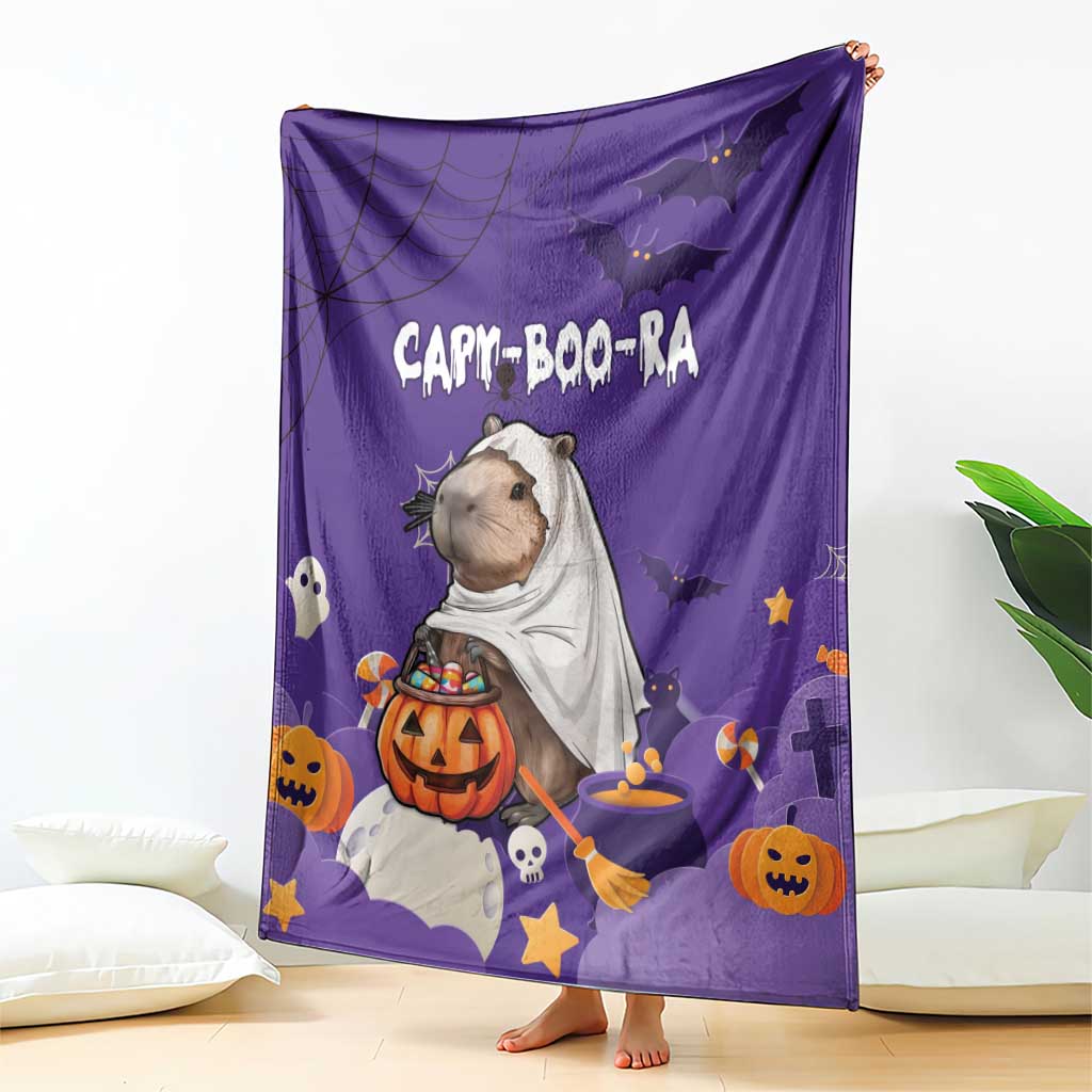 Purple Halloween blanket with capybara ghost, pumpkin, bats and stars, stretched