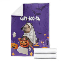 Purple Halloween blanket folded set, capybara ghost with pumpkin, bats and stars