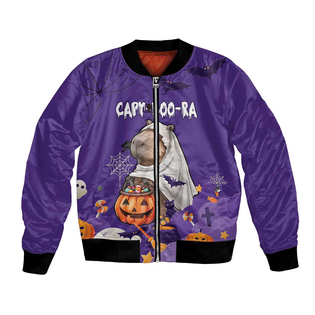 Purple Halloween bomber jacket with zip front, cat ghost graphic, bats and pumpkins