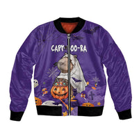 Purple Halloween bomber jacket with zip front, cat ghost graphic, bats and pumpkins