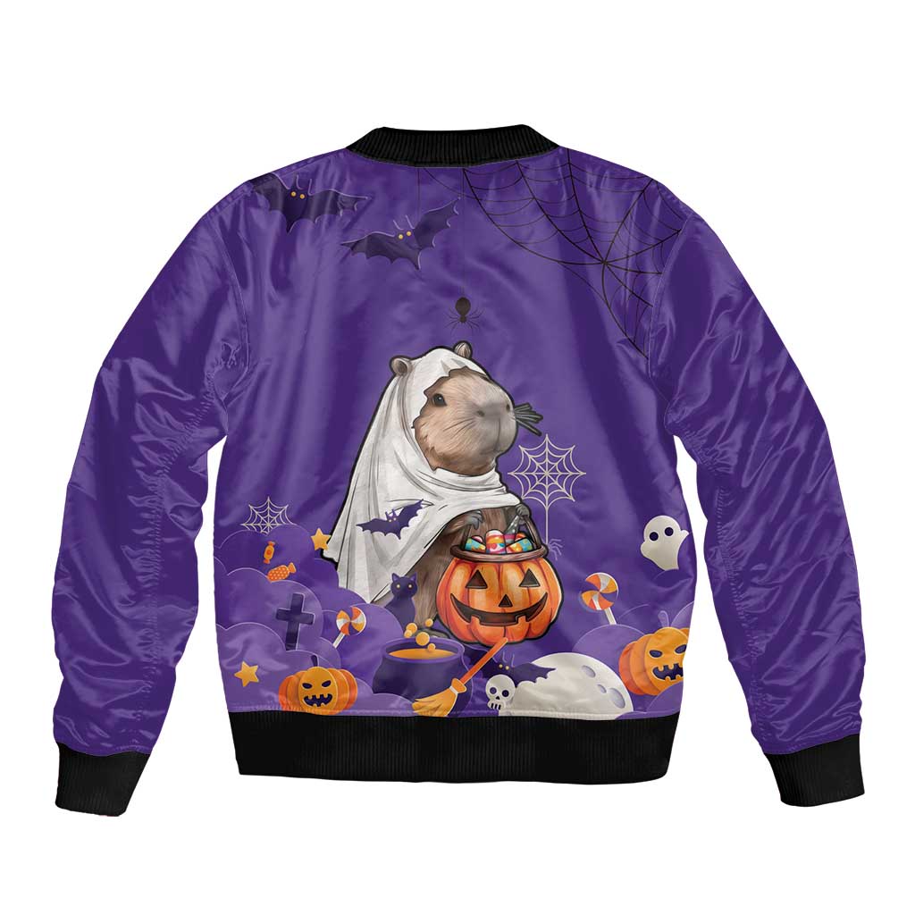Purple Halloween bomber jacket, back graphic of cat in cape with jack-o'-lantern