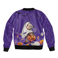 Purple Halloween bomber jacket, back graphic of cat in cape with jack-o'-lantern