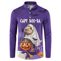Purple Halloween button sweatshirt with capybara graphic, bats, and pumpkins