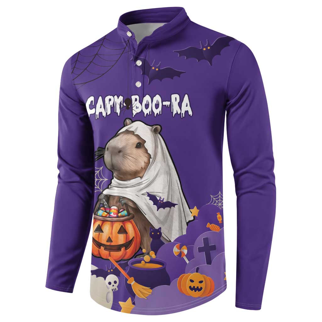 Purple Halloween button sweatshirt, capybara with ghost cape, bats and pumpkins