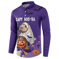 Purple Halloween button sweatshirt, capybara with ghost cape, bats and pumpkins
