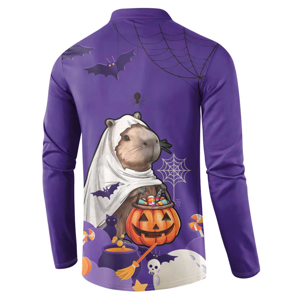 Purple Halloween button sweatshirt, back graphic with capybara, bats, spiderweb