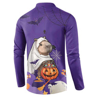 Purple Halloween button sweatshirt, back graphic with capybara, bats, spiderweb