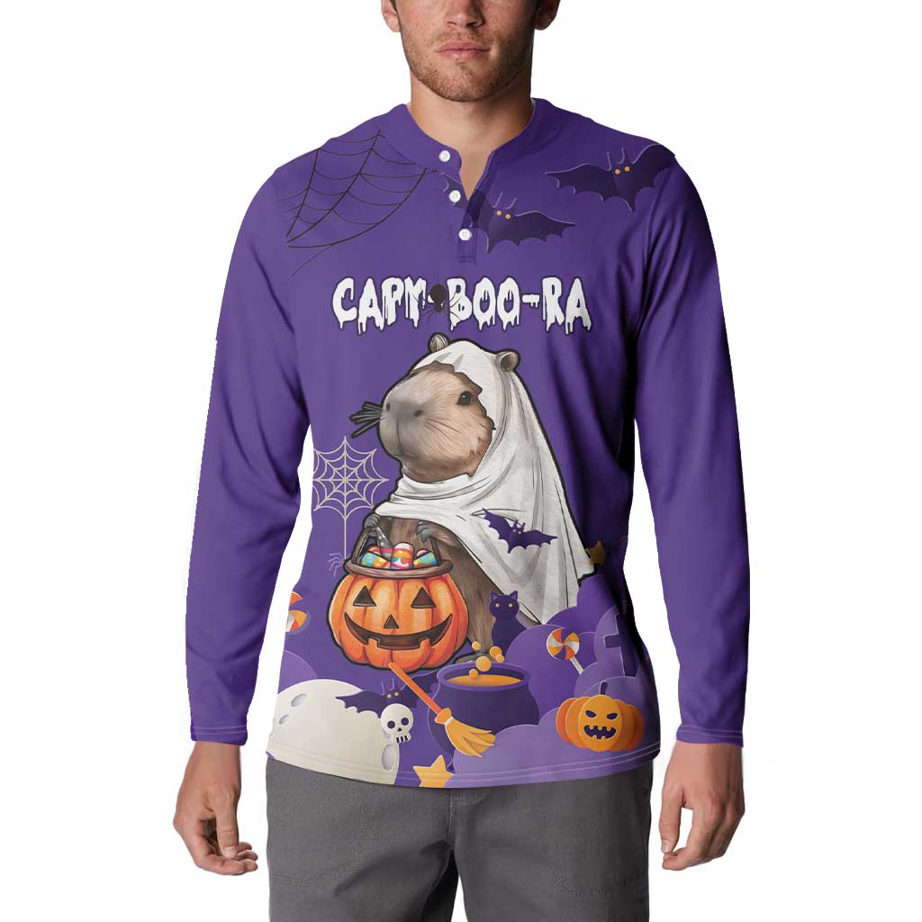 Purple Halloween button sweatshirt with capybara in ghost cape, bats and pumpkins