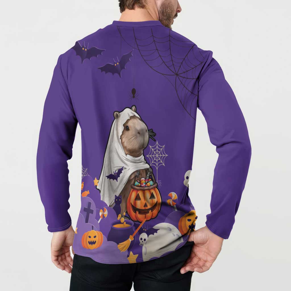 Purple Halloween button sweatshirt, back view with capybara, bats, spiderweb and pumpkins