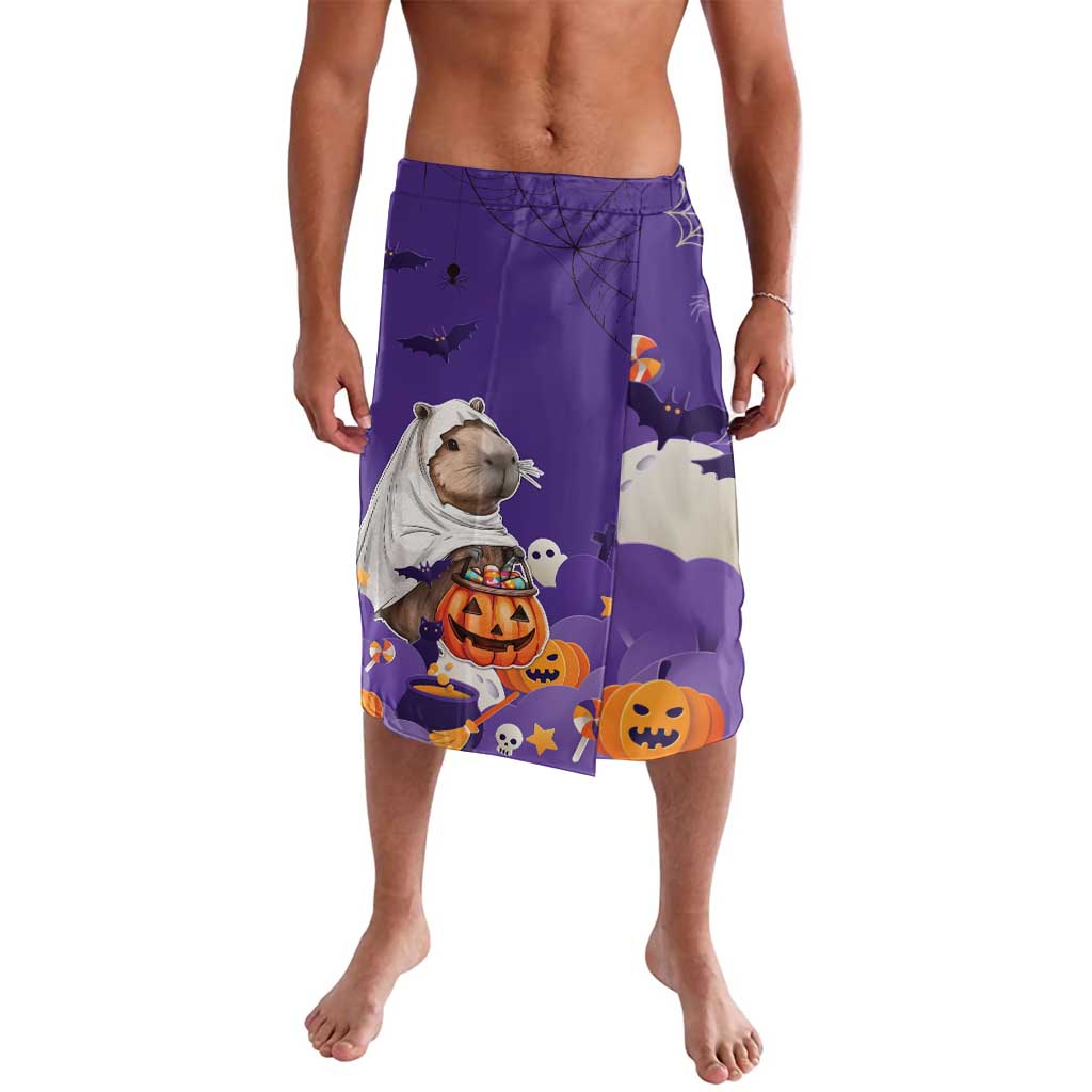 Purple Halloween lavalava shorts with bats and jack-o’-lanterns, elastic waistband