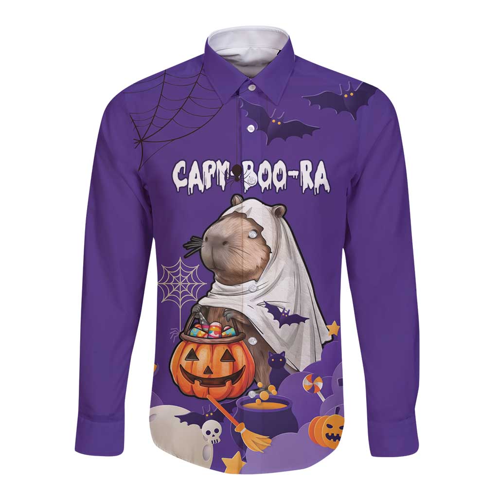 Purple long-sleeve button shirt with capybara in astronaut suit; bats and pumpkins
