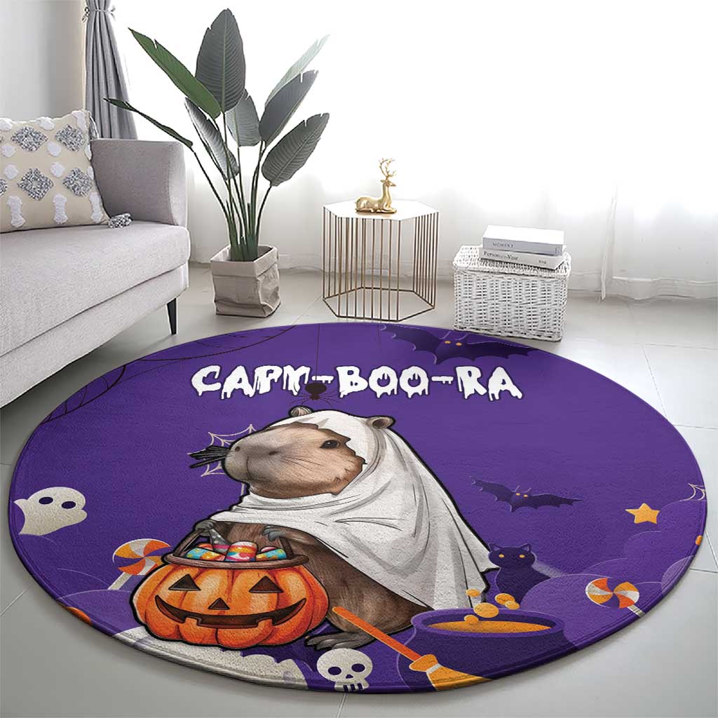 Purple Halloween round carpet with capybara wizard, jack-o'-lantern, bats and stars