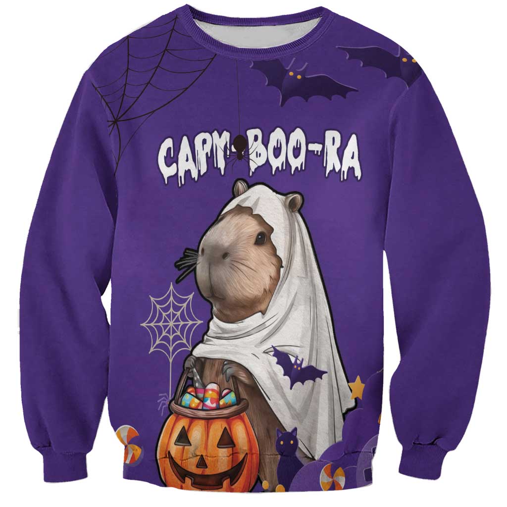 Purple unisex Halloween sweatshirt with capybara in ghost costume, bats and pumpkin graphic