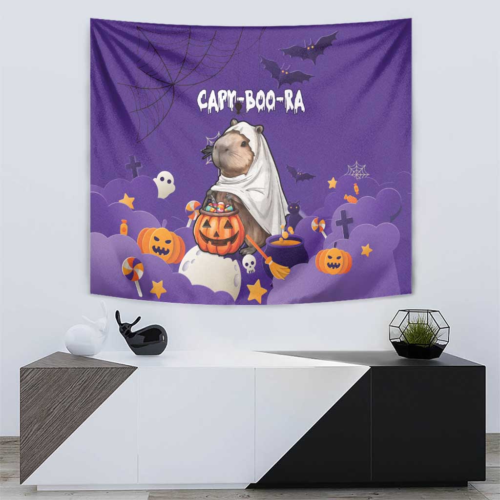 Purple Halloween tapestry with capybara ghost holding candy bucket, bats, and jack-o'-lanterns