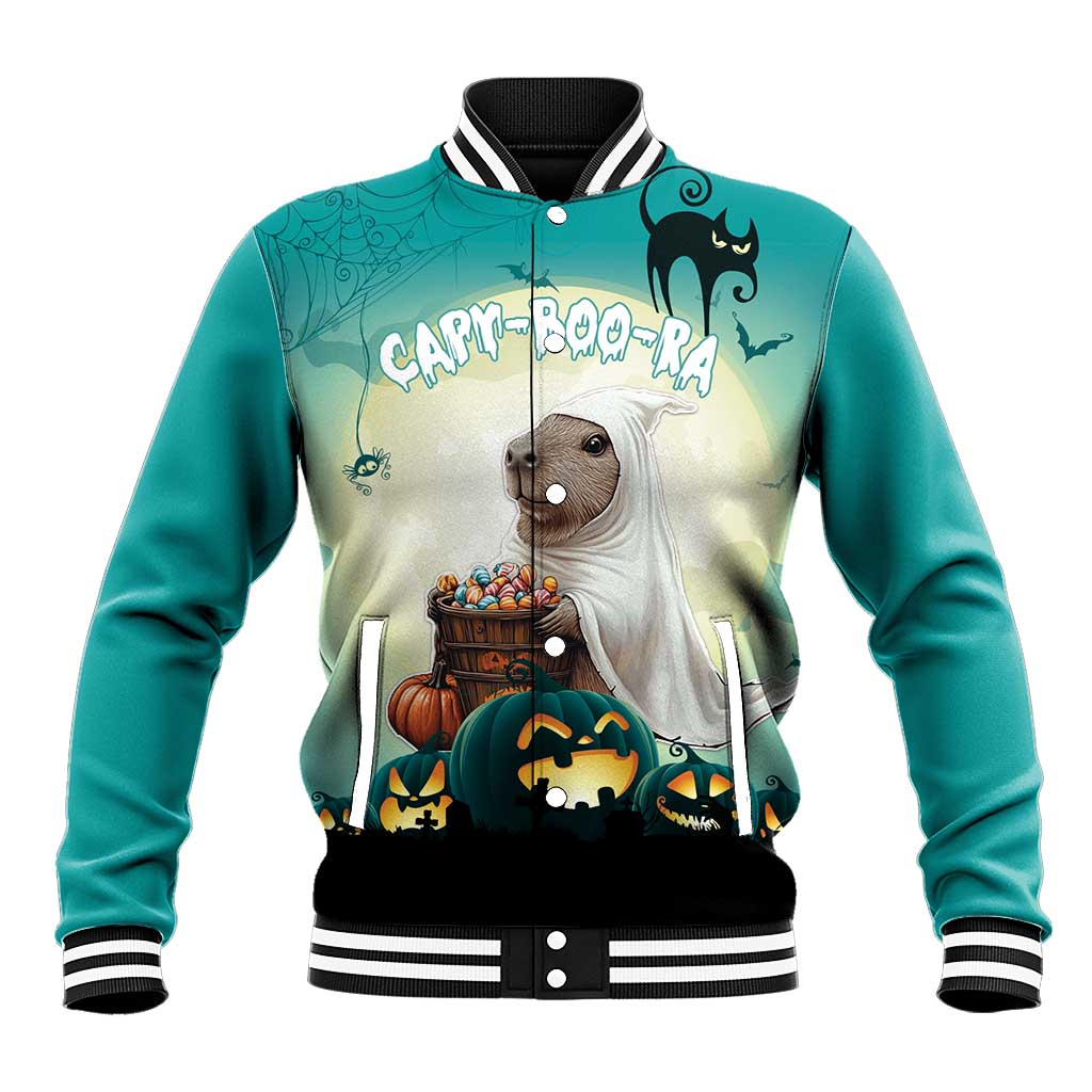 Green baseball jacket with black-and-white striped collar and spooky dog-and-pumpkin graphic