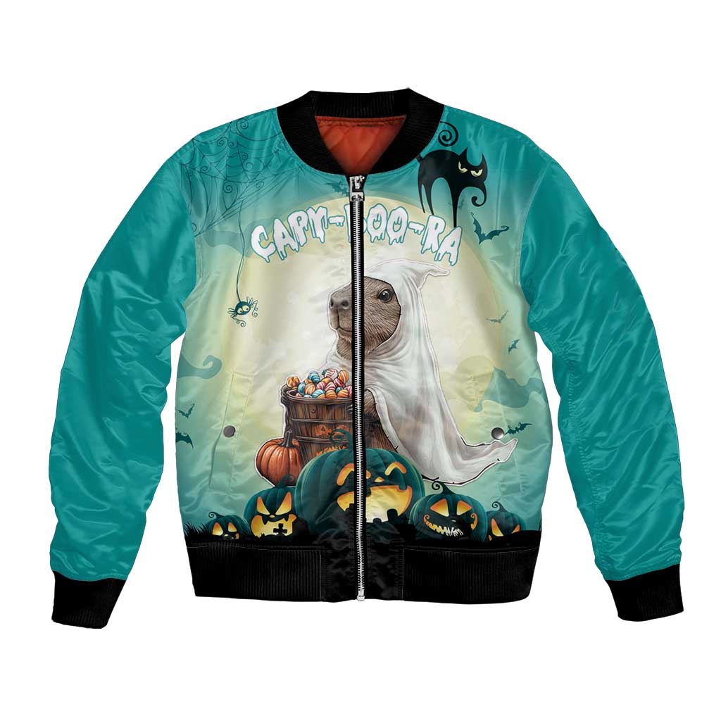 Green unisex bomber jacket with front zipper, ghostly pug and jack-o'-lantern graphic