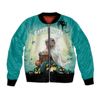 Green unisex bomber jacket with front zipper, ghostly pug and jack-o'-lantern graphic