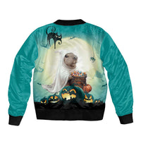 Green unisex bomber jacket with back art, pug with pumpkins, bats and cats